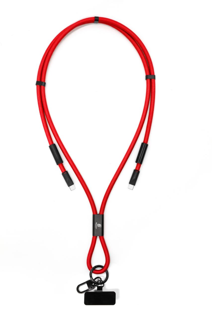 Anti-theft phone guard in lanyard with fast charging features in Black, Blue, White, Orange and Red.