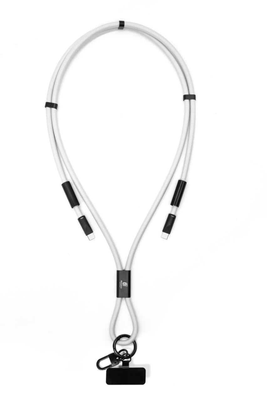 Anti-theft phone guard in lanyard with fast charging features in Black, Blue, White, Orange and Red.