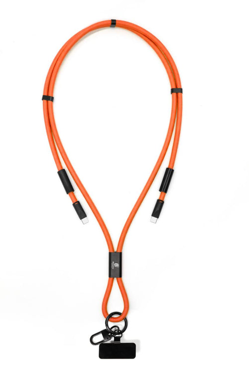 Anti-theft phone guard in lanyard with fast charging features in Black, Blue, White, Orange and Red.