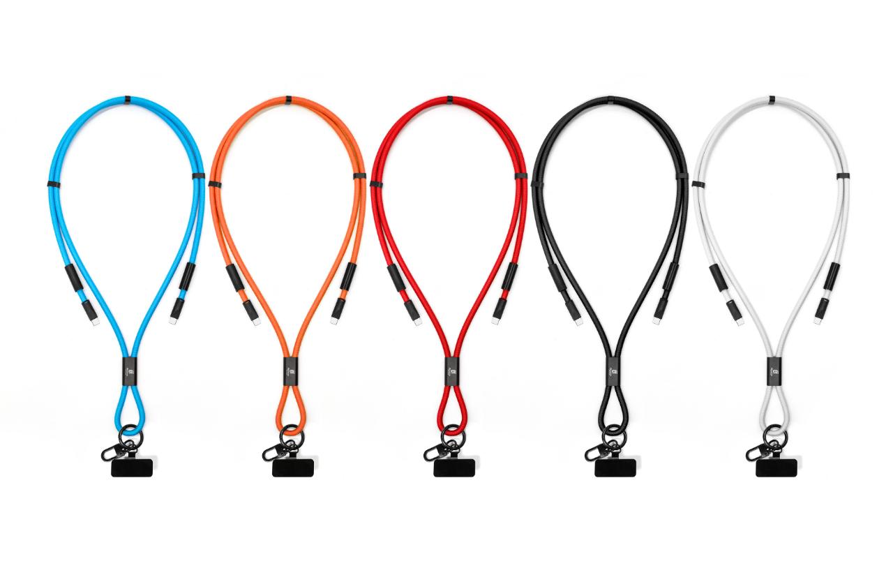 Anti-theft phone guard in lanyard with fast charging features in Black, Blue, White, Orange and Red.