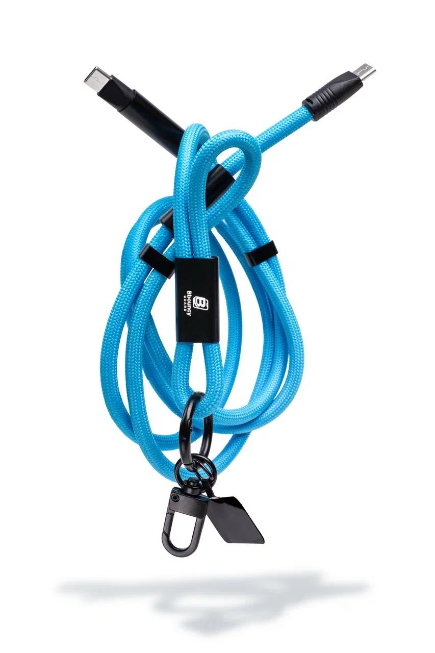 Anti-theft phone guard in lanyard with fast charging features in Black, Blue, White, Orange and Red.